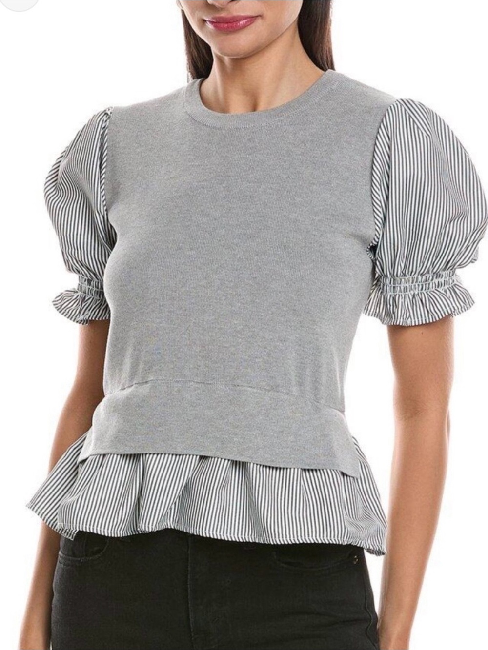 Nanette Lepore Grey Striped Knit Puff Sleeve Mixed Media Blouse